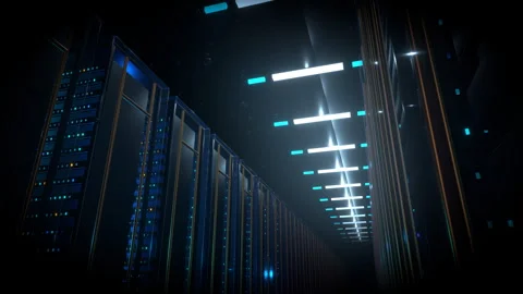 Wide upward tilting camera motion scanning a massive data center, 4K Stock Footage 338215738