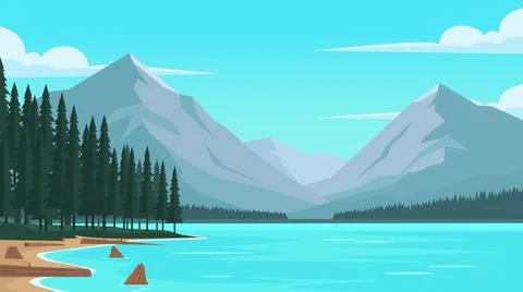 Wide Valley Lake Flat Design Illustration Landscape Stock Illustration