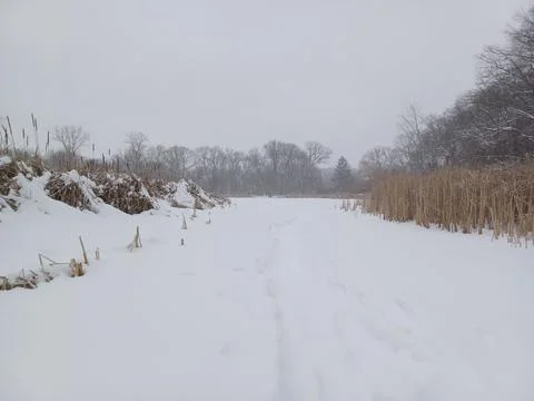 Wide valley riverbed covered in deep winter snow. Stock Photos