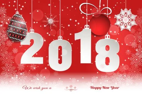Wide vector paper art for New Year with hanging numbers, balls and snowflakes Stock Illustration