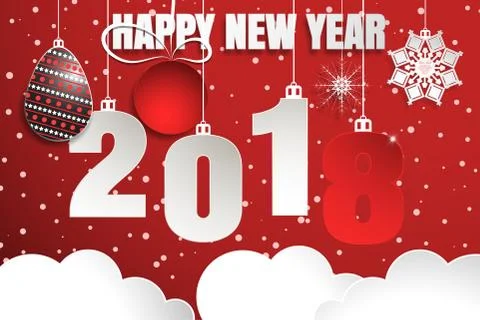 Wide vector poster for Happy New Year with hanging numbers, ball, egg with pa Stock Illustration