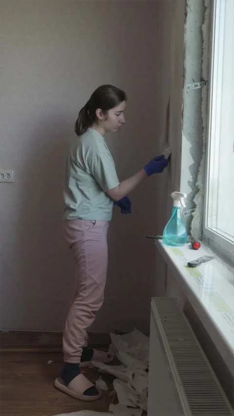 Wide vertical view of female student fixing walls in campus dormitory Stock Footage 338003455