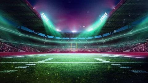 Wide view of 3D render of soccer, football stadium with blurred tribunes with Stock Illustration