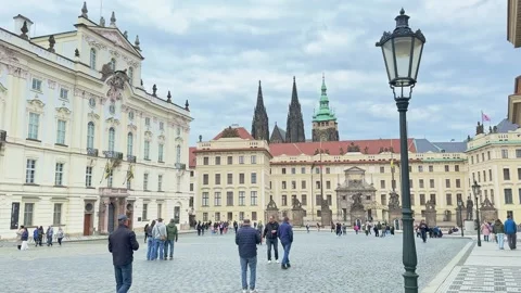 Wide view across Hradcany Square towards the entrance to Prague Castle Stock Footage 344467021
