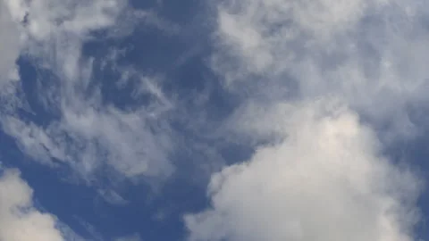 Wide view of an airplane flying across a blue sky with clouds Видео 344802900