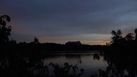 Wide view of the Amazon Rainforest and Amazonas River at sunset with tepui in Stock Footage 303903913