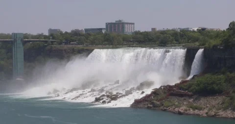 Wide view of American Falls at Niagara with U.S. city skyline and mist. Stock-Footage 320026096