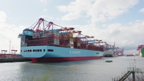 Wide view of the Ane Maersk at its berth in the Port of Hamburg Vídeo Stock 270486660