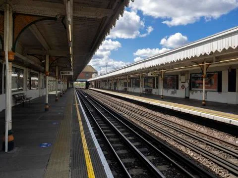 Wide view angle of empty Leyton Station Platform. Stock Photos
