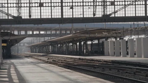 Wide view of Austerlitz train station platforms under renovation, Paris, France Stock Footage 306578293