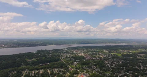 Wide view of Beacon New York and Hudson River Valley and Newburgh Beacon Bridge Stock Footage 346362282
