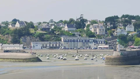 Wide view of Binic port in Brittany, France, during low tide. Stock Footage 346665965