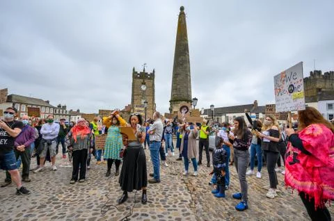 Wide view of BLM protesters on the cobbles in the Marketplace at a Black Live Stock Photos
