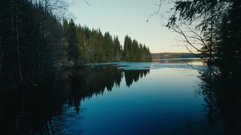 Wide View of Calm Forest Lake With Reflections and Melting Ice in Soft Evening Vidéo 335411233