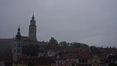 Wide View of Český Krumlov Old Town in Heavy Rain Stock Footage 313222860