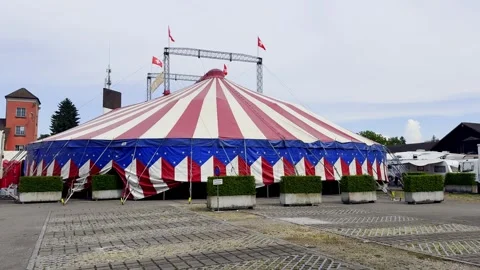 Wide View of Circus Tent, Trailer Truck and Rigging Mast on a Fairground Stock Footage 340238488