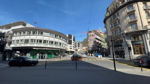 Wide view of city center intersection in Montreux Switzerland 库存影片 332200716