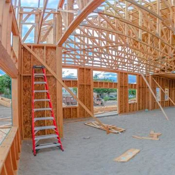Wide view construction building interior ladder 스톡 사진
