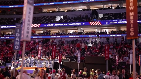 Wide view of the convention floor and state delegation signs including Idaho Stock Footage 345272064