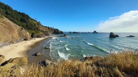 Wide View of Crescent Beach and Sea Stacks at Ecola State Park Stock Footage 341992962