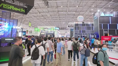 Wide view of crowded Computex Taipei technology expo Stock Footage 335479101