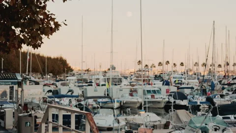 Wide view of a crowded marina filled with boats and masts at dusk, with the moon Stock Footage 322661829