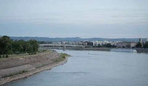 Wide view of the Danube River flowing through Novi Sad, Serbia Stock Photos