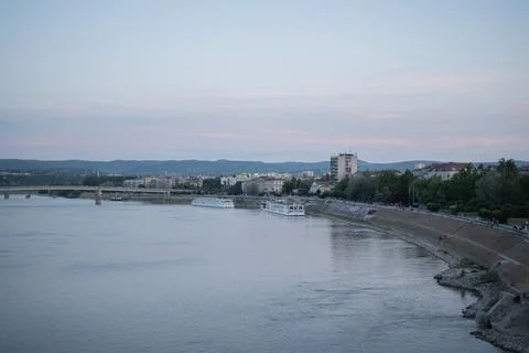 Wide view of the Danube River flowing past the city of Novi Sad, Serbia Stock Photos