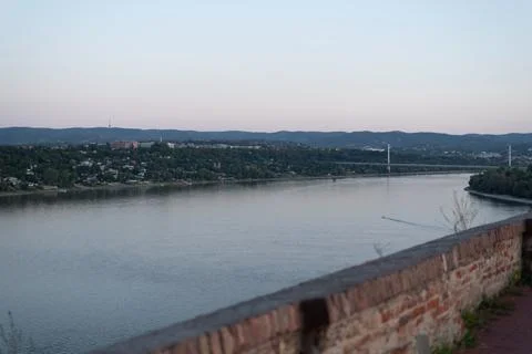 Wide view of the Danube River flowing past Novi Sad Stock Photos