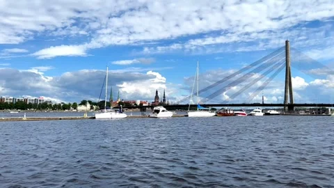 Wide View of Daugava River and Cable-Stayed Bridge in Riga Stock Footage 343136777