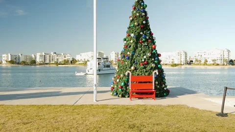 Wide view to a decorated balls red, white and green Christmas tree.  Red seat in Stock Footage 295010070