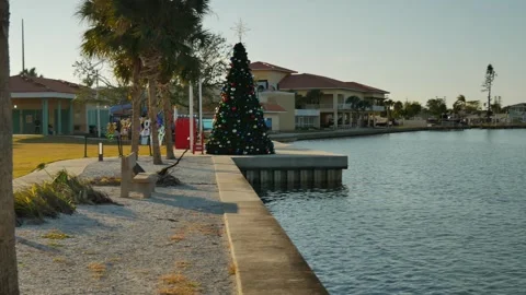 Wide view to a decorated balls red, white and green Christmas tree.  Red seat in Stock Footage 295010107