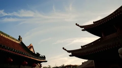 Wide view of Elements of Chinese traditional buildings on sky background. Move Stock Footage 159972596