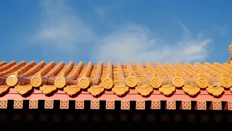 Wide view of Elements of Chinese traditional tiled roof buildings on blue sky Stock Footage 160690115