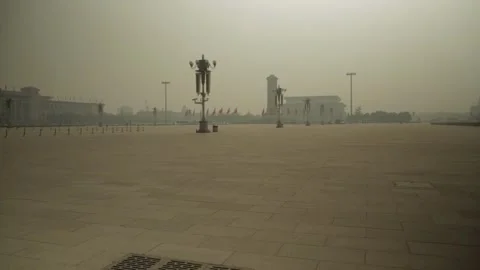 Wide View of Empty Tiananmen Square on Hazy Day in Beijing China Stock Footage 341782567