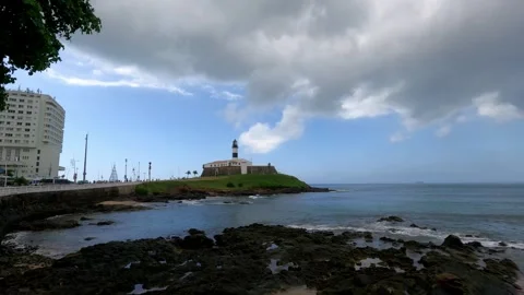 Wide View of Farol da Barra: Iconic Lighthouse in Salvador, Brazil Stock Footage 296100320