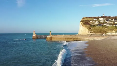 A wide view of the Fecamp seafront in Normandy, France, featuring the iconic Stock Footage 346604227