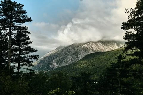 Wide view of forested mountains with low clouds hanging over a rocky summit Foto stock