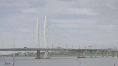 Wide View Of Gan River With Wenfeng Pagoda And Bridge In Jishui Stock-Footage 343554781