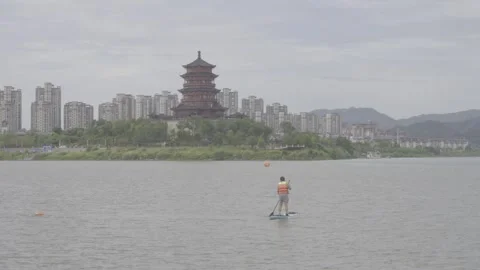 Wide View Of Gan River With Wenfeng Pagoda And Bridge In Jishui Stock-Footage 343554901