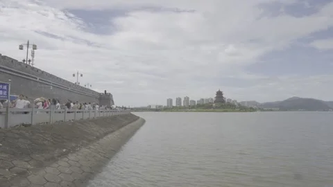 Wide View Of Gan River With Wenfeng Pagoda And Bridge In Jishui Stock-Footage 343555082