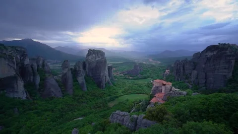 Wide View Holy Monastery of Rousanou Meteora Greece at Dusk. View From Abov.. Stock Footage 334871054