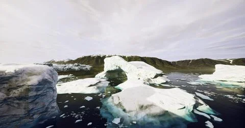 Wide view of icebergs floating in a tranquil Arctic landscape under soft clou Stock Illustration