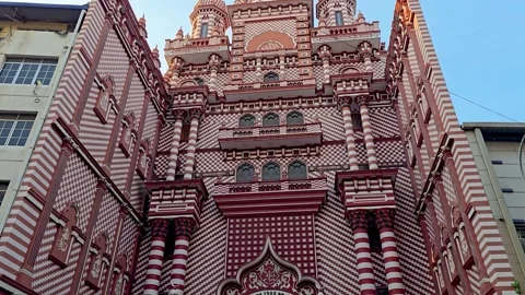 Wide view of Jami Ul-Alfar Mosque (Red Mosque) in Pettah, Colombo, Sri Lanka. Stock Footage 332820756