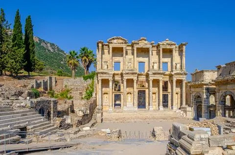 Wide View of the Library of Celsus Facade at Ephesus, Seluk Stock Photos