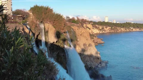Wide View of Lower Düden Waterfall and Antalya Coastline Stock Footage 333469109