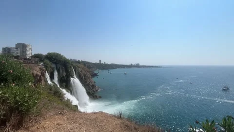 Wide View of Lower Duden Waterfall and Antalya Coastline Stock Footage 344038242