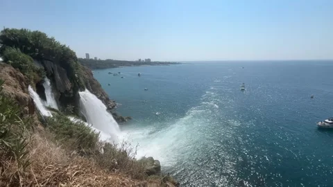 Wide View of Lower Duden Waterfall and Mediterranean Sea in Antalya Stock Footage 344038256