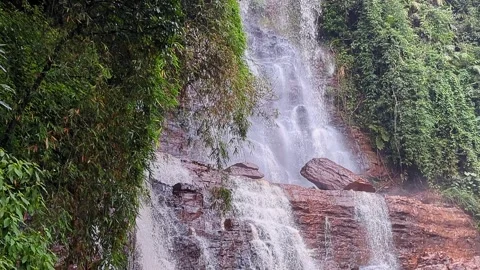 Wide view of magnificent jhari waterfall cascading down lush green jungle c.. Stock-Footage 346817254