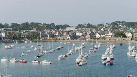Wide view of a marina filled with numerous boats and yachts anchored in calm Stock Footage 346667560
